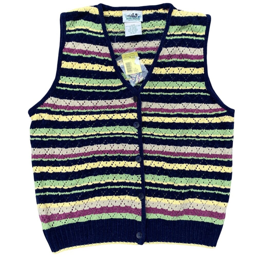 NWT Vintage Northern Reflections Chenille Striped Granny Sweater Vest Button-M